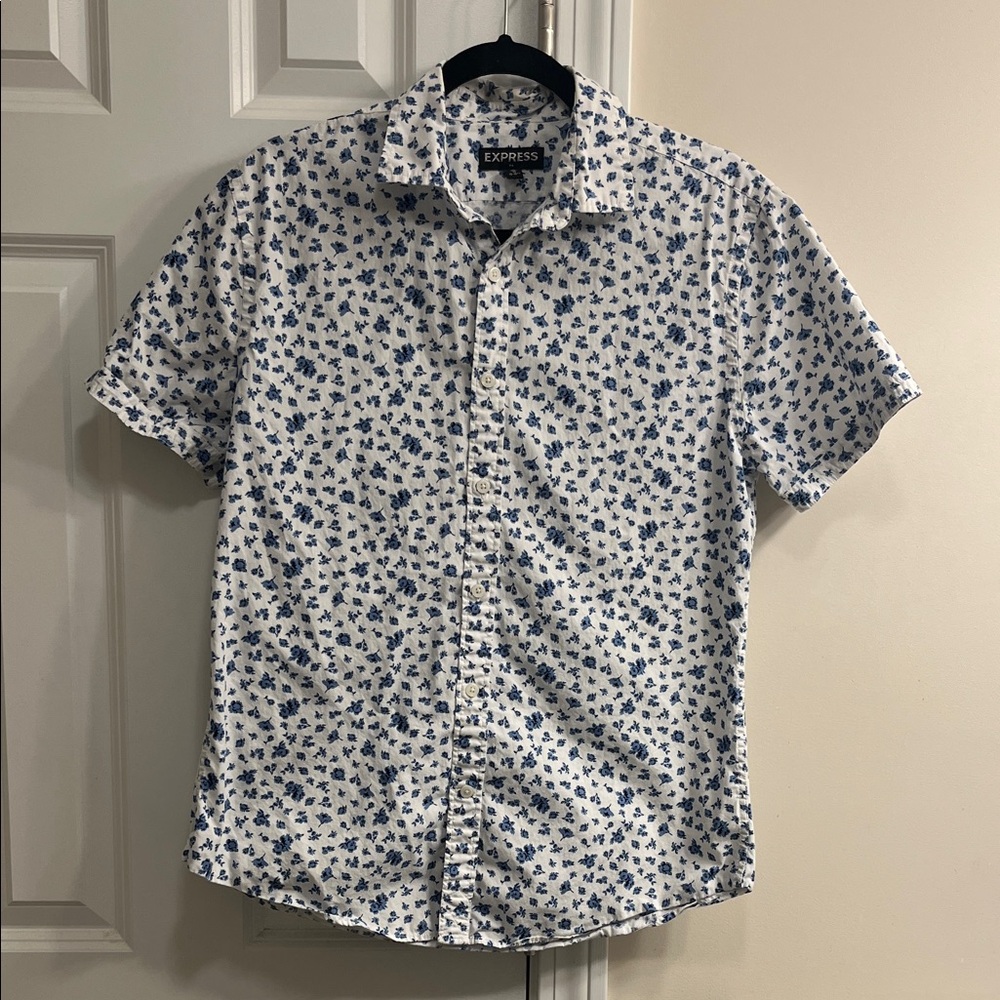 Express Men's White Shirt with Blue Floral Pattern